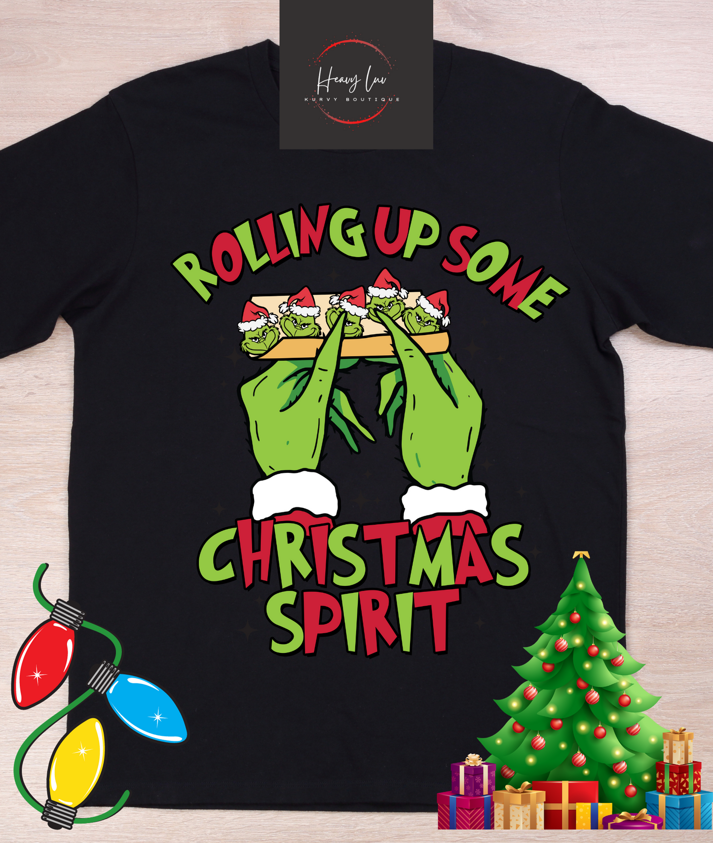 Rolling up Grinch Red and Green Tee